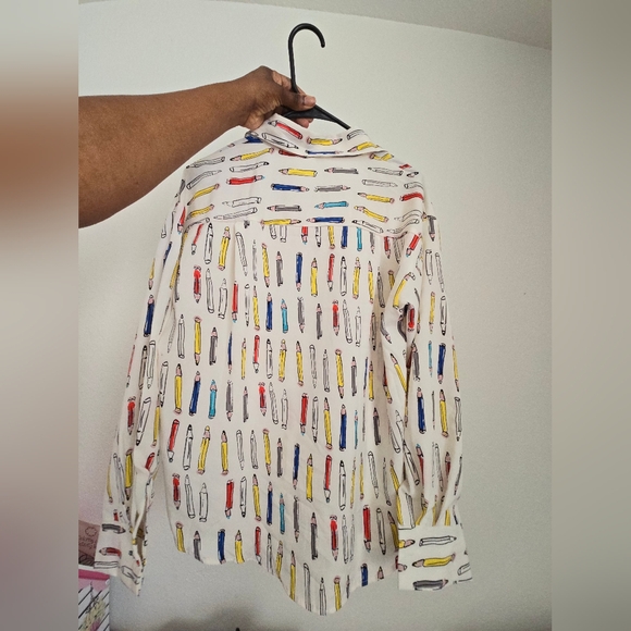 Drop Shoulder Allover Pencil Print Button Down Blouse with Collar - Picture 4 of 6